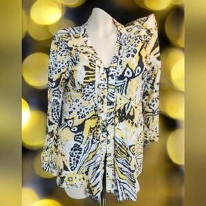 Onque Casuals Yellow, White  and Black Patterned Women's Cardigan
